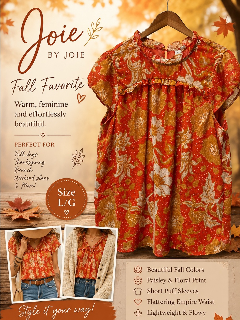 Joie Size L Orange Rust Paisley Floral Print Boho Blouse Top Short Sleeve